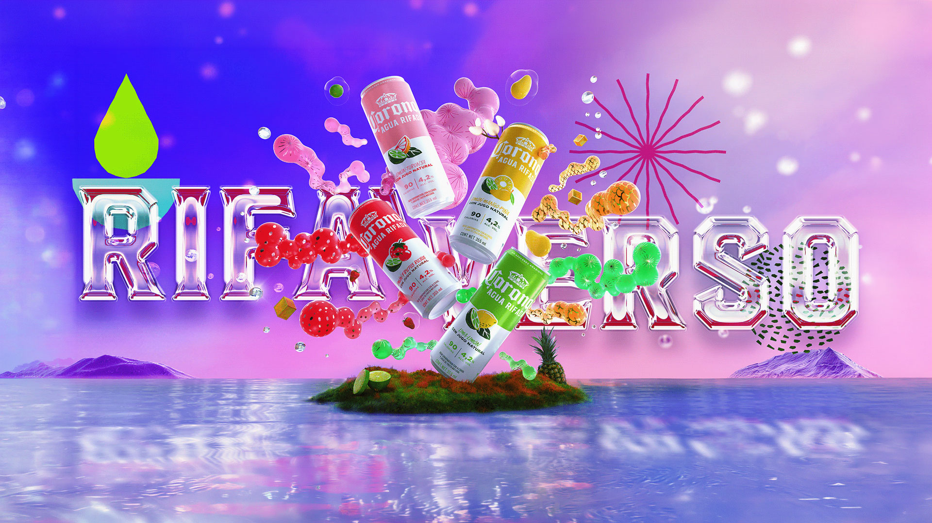 RifaVerso master visual — latas sobre isla en océano púrpura