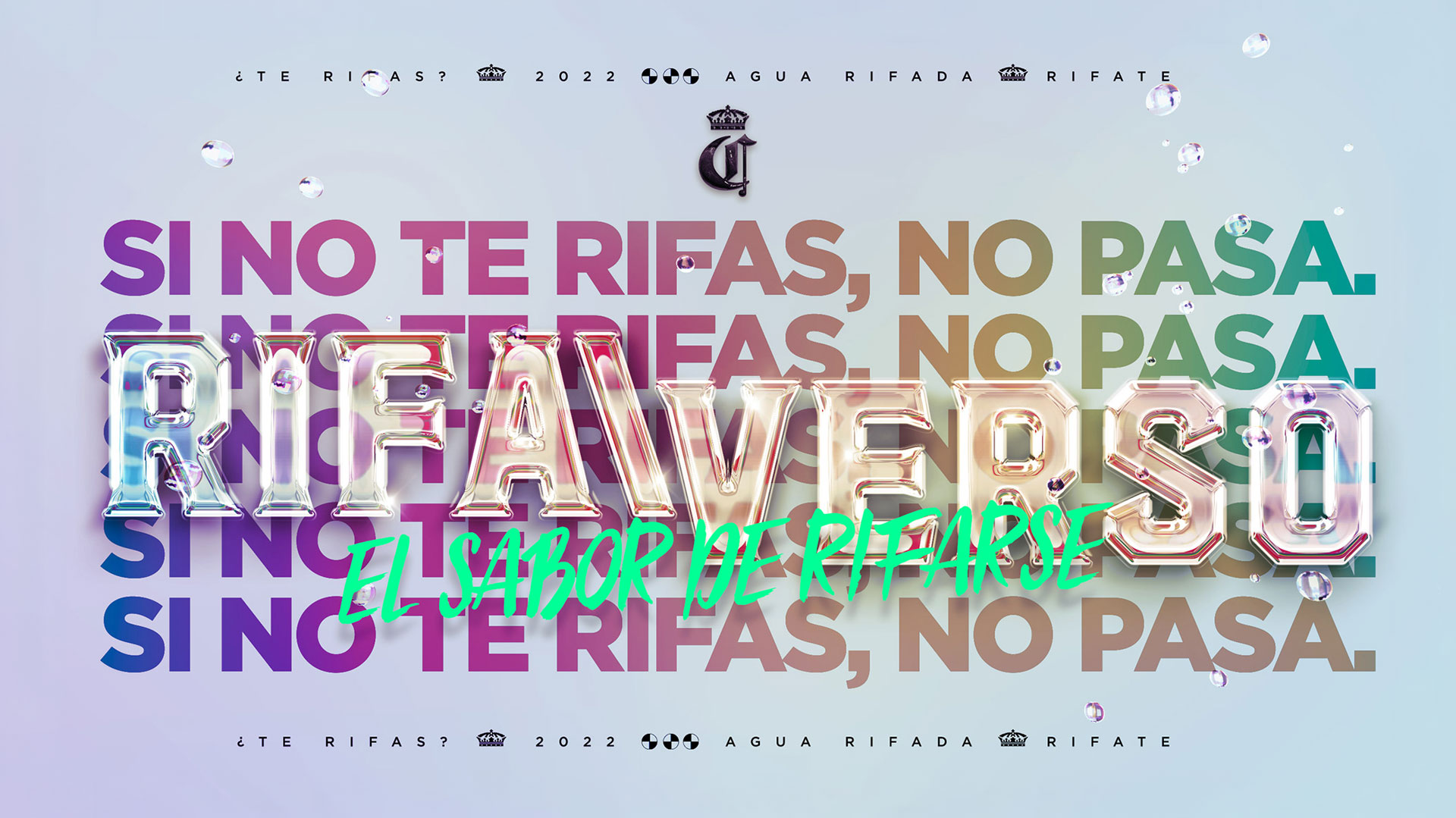 RifaVerso master visual — latas sobre isla en océano púrpura