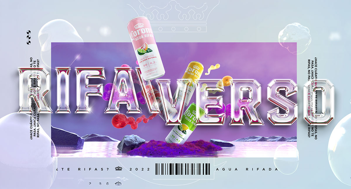 RifaVerso — arte real de campaña con letras chrome sobre océano púrpura