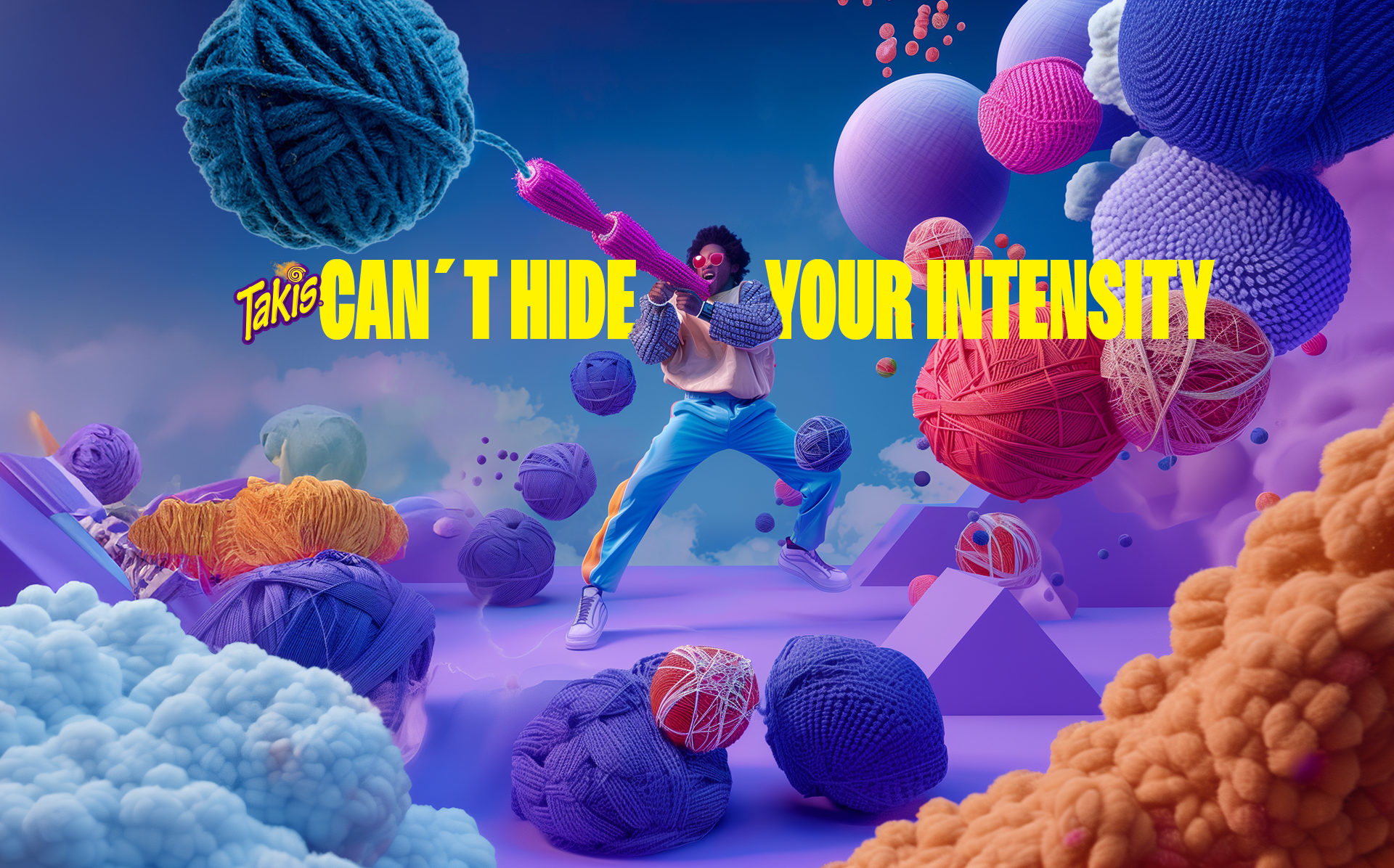 Person crafted from colorful yarn jumping among knitted spheres